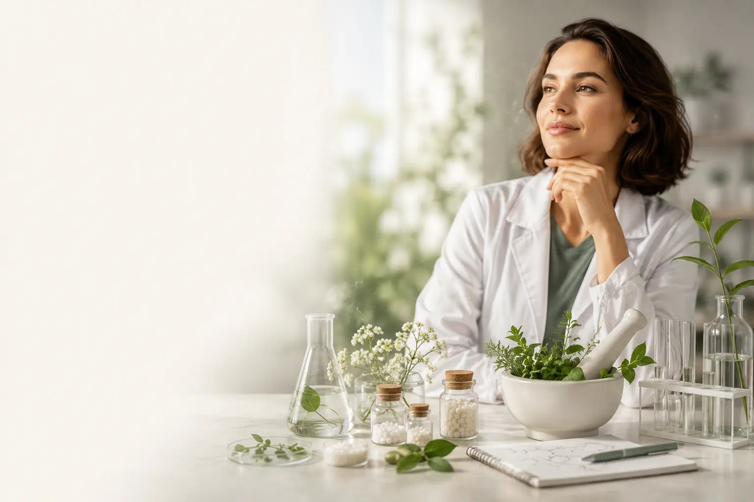 Profesional de la salud en un entorno que integra botánica, homeopatía y ciencia, representando la calidad farmacéutica y el enfoque integrativo de Laboratorio Homeopático Alemán.