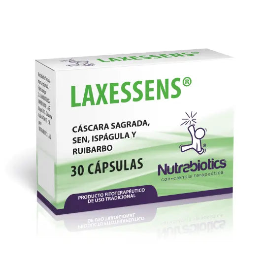 Caja de Laxessens® Nutrabiotics, fitoterapéutico natural de uso tradicional como laxante y coadyuvante en la reducción del colesterol, distribuido por Alternativ.