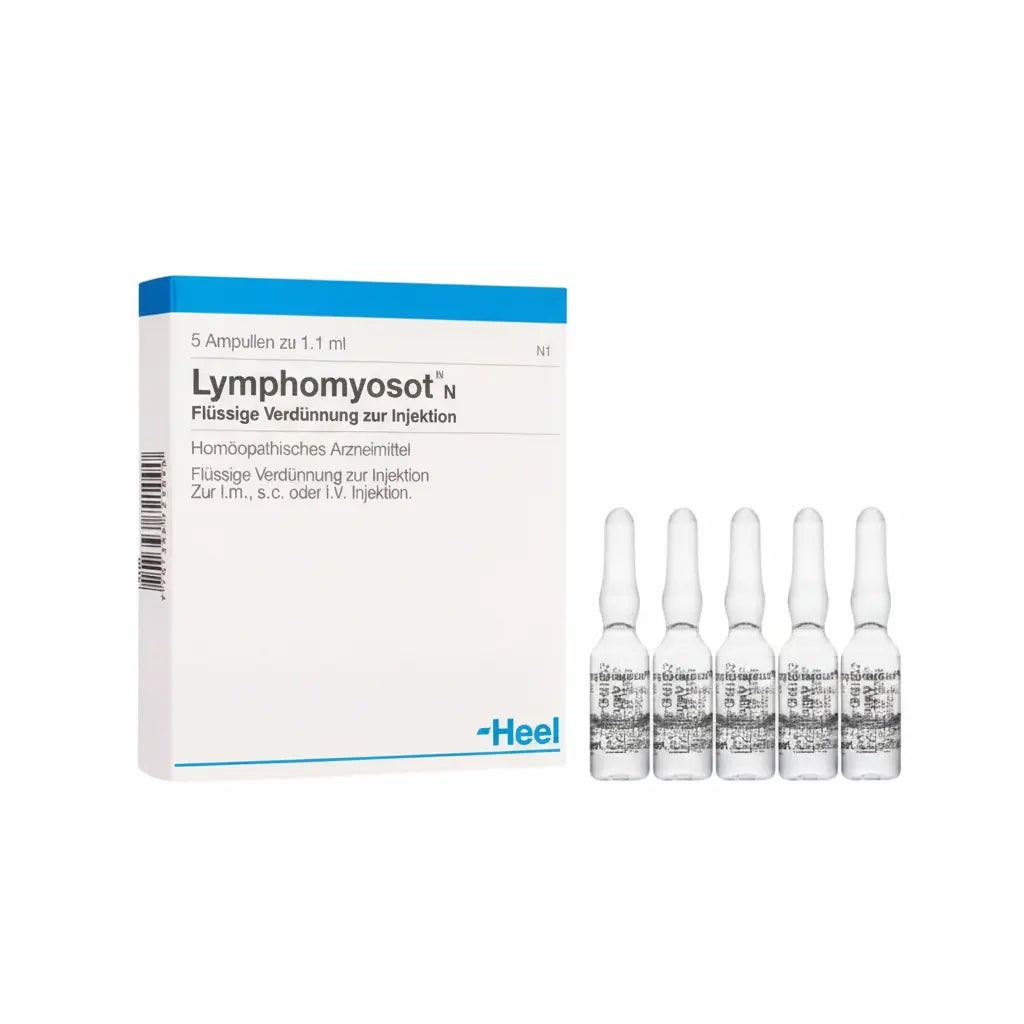 Ampollas de Lymphomyosot® Heel, medicamento homeopático inyectable indicado como coadyuvante en procesos de drenaje linfático y detoxificación, distribuido por Alternativ.