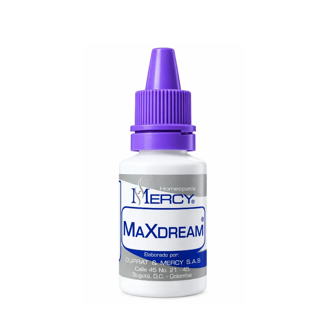 Primer plano del frasco gotero de MaxDream con tapa morada y etiqueta de Homeopatía Mercy