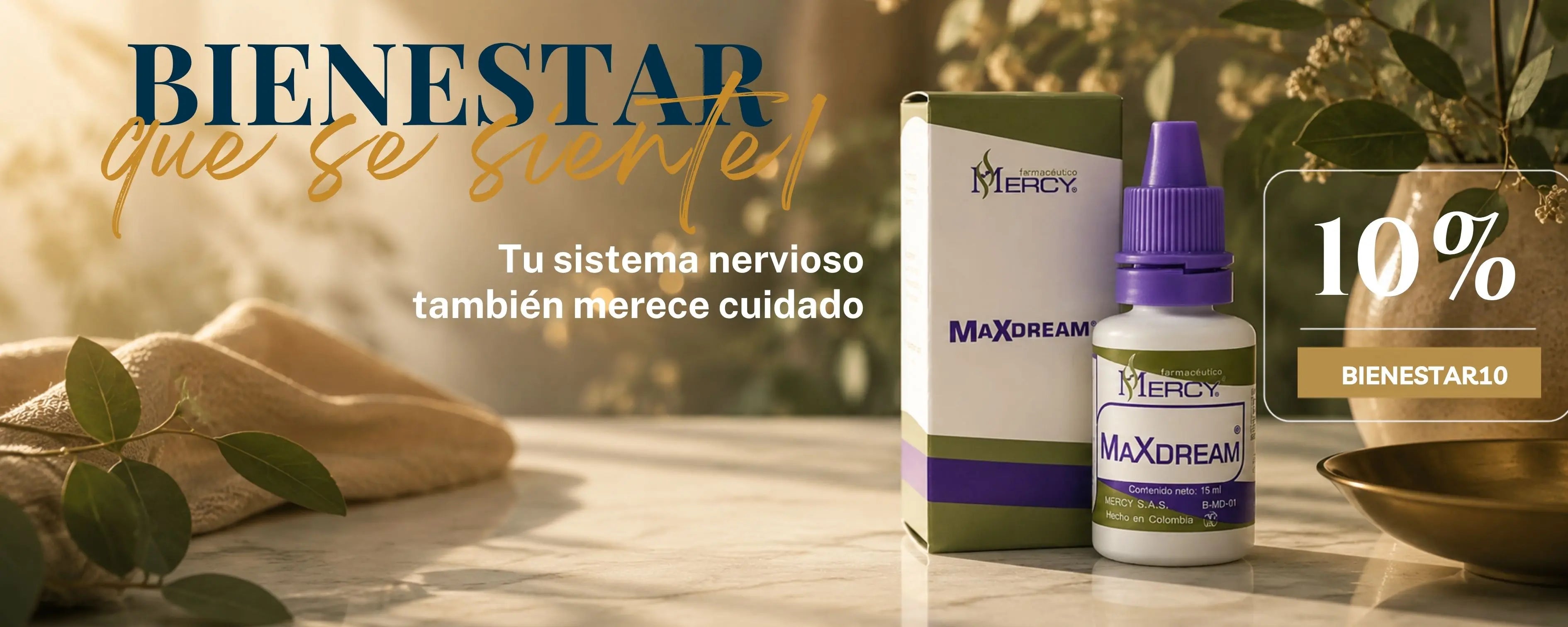 Caja y frasco de MaxDream gotas Laboratorios Mercy para bienestar del sistema nervioso, banner AlterNativ con 10% de descuento código BIENESTAR10