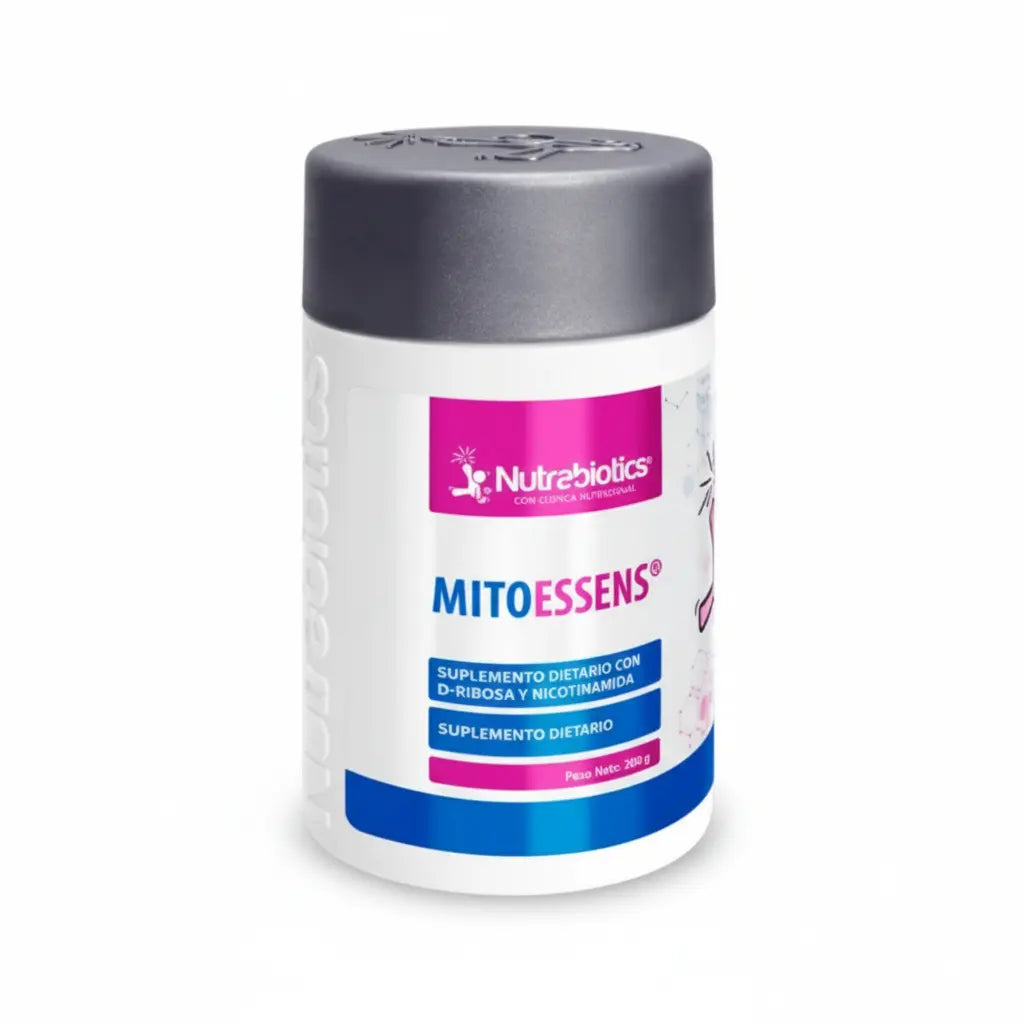Frasco de Mitoessens® Nutrabiotics, suplemento dietario en polvo con D-Ribosa y Nicotinamida (Vitamina B3) para apoyar la energía celular y el metabolismo energético, distribuido por Alternativ.
