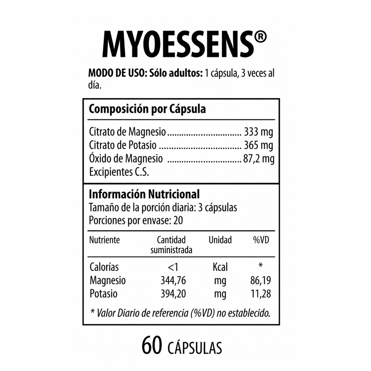 Tabla de composición por cápsula e información nutricional de Myoessens® Nutrabiotics x 60 cápsulas con citrato de magnesio, citrato de potasio y óxido de magnesio