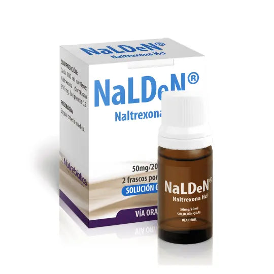 Caja de Nalden® Nutrabiotics, medicamento con Naltrexona Clorhidrato 250 mg en solución oral, de venta bajo fórmula médica, distribuido por Alternativ.