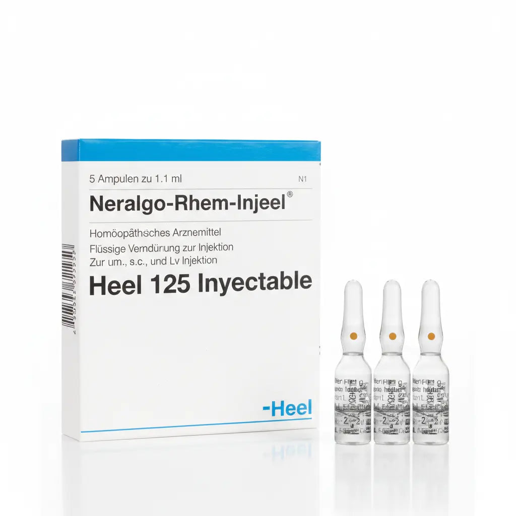 Neralgo Rhem Injeel Ampolla caja x 5 ampollas 1.1 mL medicamento homeopático con fórmula médica distribuido por Alternativ en Colombia