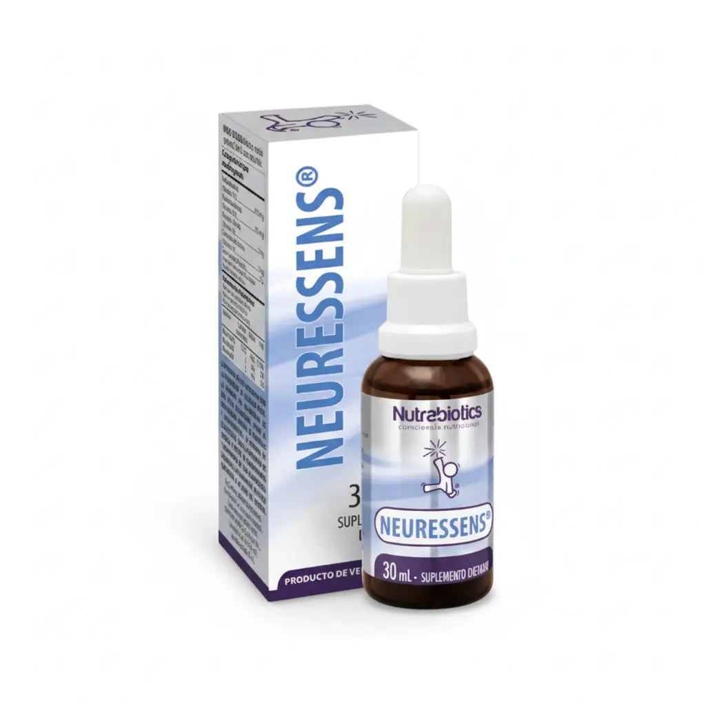 Frasco de Neuressens® Nutrabiotics, suplemento dietario líquido con Vitaminas B12, B6 y B1 para el funcionamiento normal del sistema nervioso, distribuido por Alternativ.