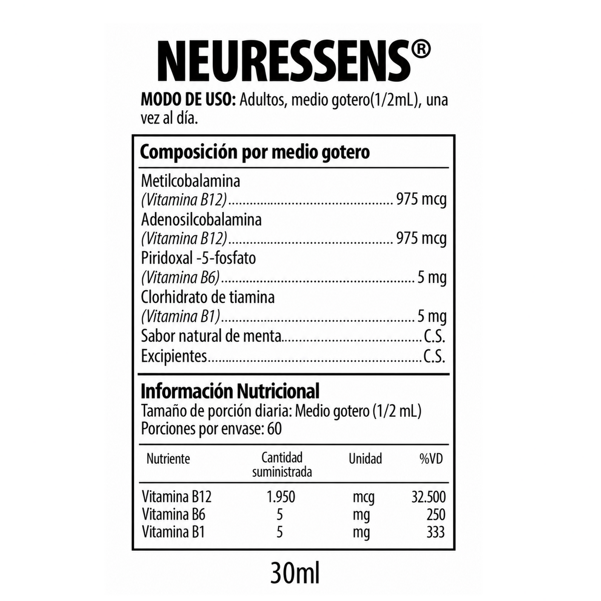 Tabla de composición por medio gotero e información nutricional de Neuressens® Nutrabiotics x 30 mL con vitamina B12, vitamina B6 y vitamina B1