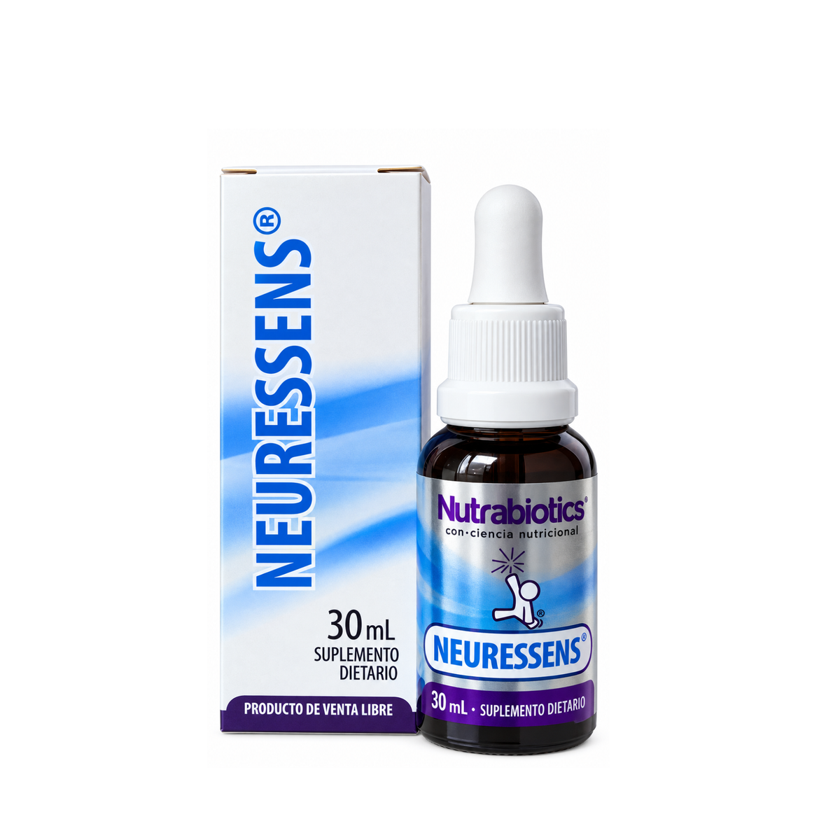 Neuressens® Nutrabiotics, frasco gotero de 30 mL junto a su caja, suplemento dietario con vitaminas B12, B6 y B1