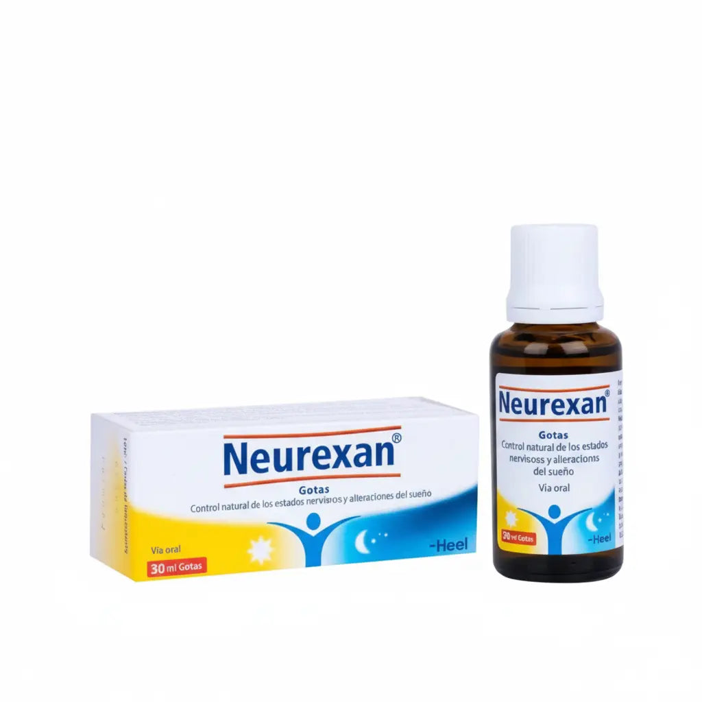 Frasco gotero Neurexan® Heel 30ml, medicamento homeopático de venta libre indicado para favorecer la relajación, el sueño natural y el manejo del estrés leve. Producto original Heel distribuido por Alternativ.
