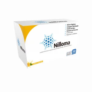 Nilloma suplemento alimenticio con silicio orgánico, colágeno, cúrcuma, vitaminas y minerales. Alimento en polvo sabor naranja. Registro INVIMA PSA-0003636-2022.