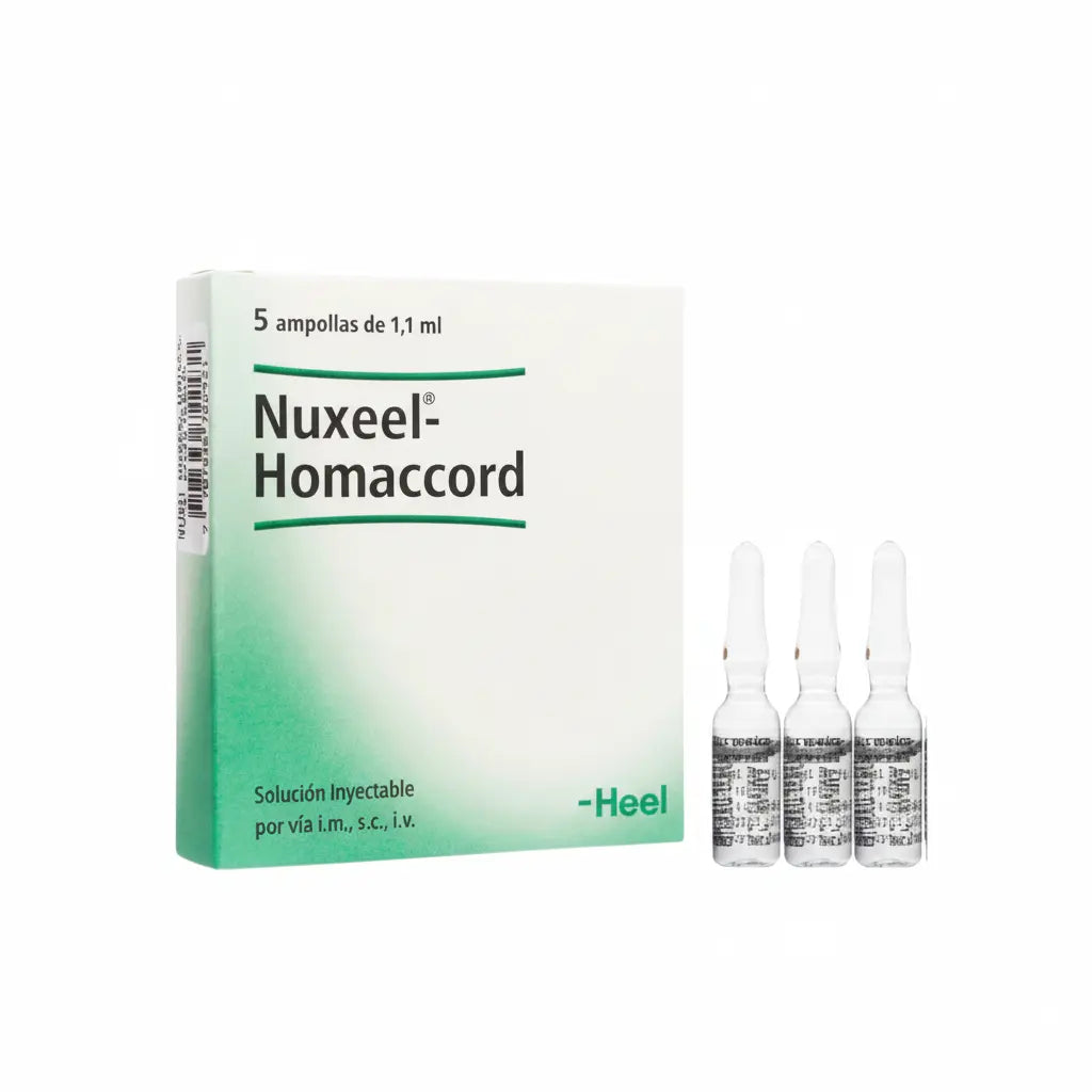 Imagen del producto Nuxheel Ampolla Heel, medicamento homeopático de prescripción médica elaborado por Heel y distribuido por Farmacia Alternativ Colombia.