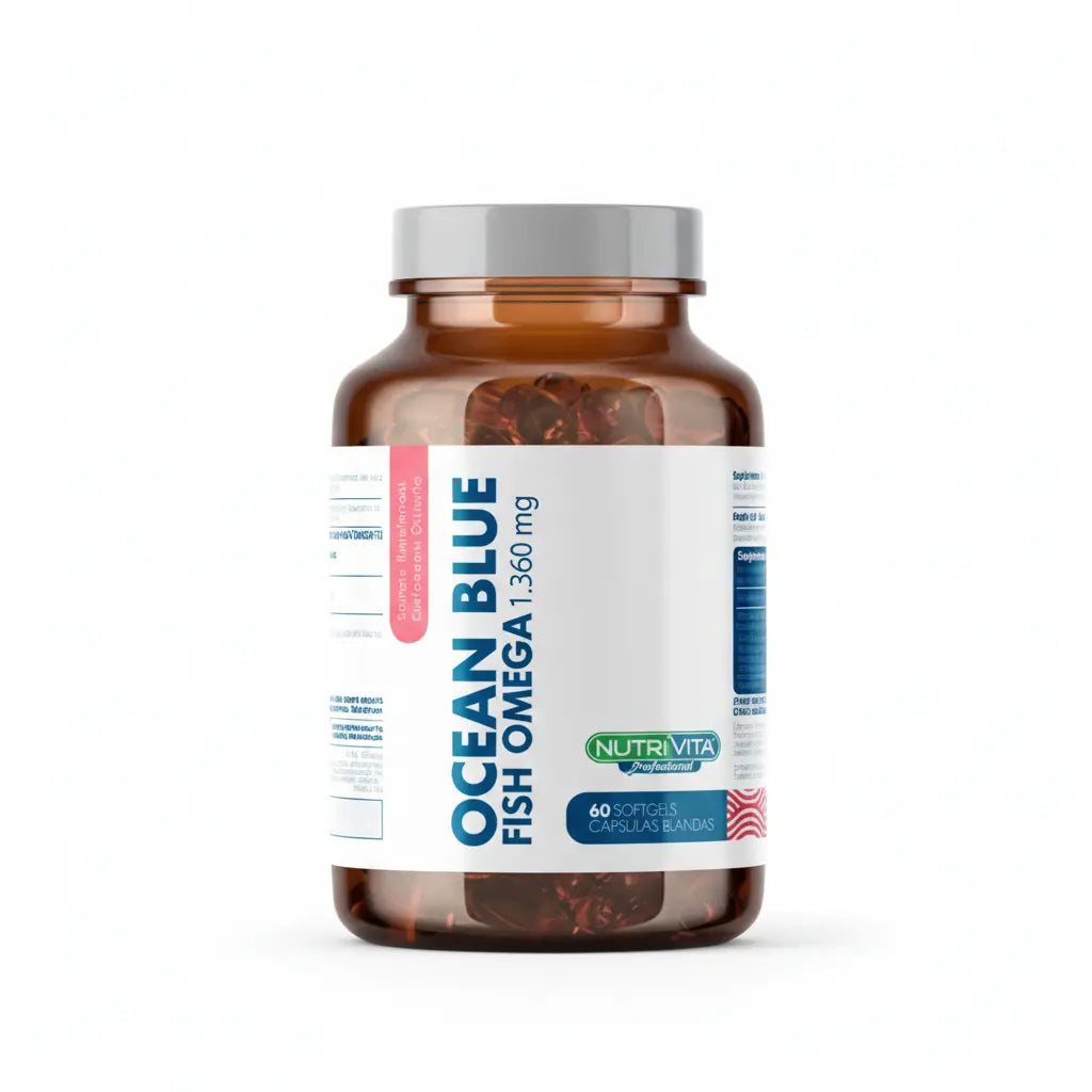 Ocean Blue Omega 1360 mg Nutrivita 60 softgels, suplemento dietario con aceite de pescado fuente de omega-3 distribuido por Alternativ en Colombia