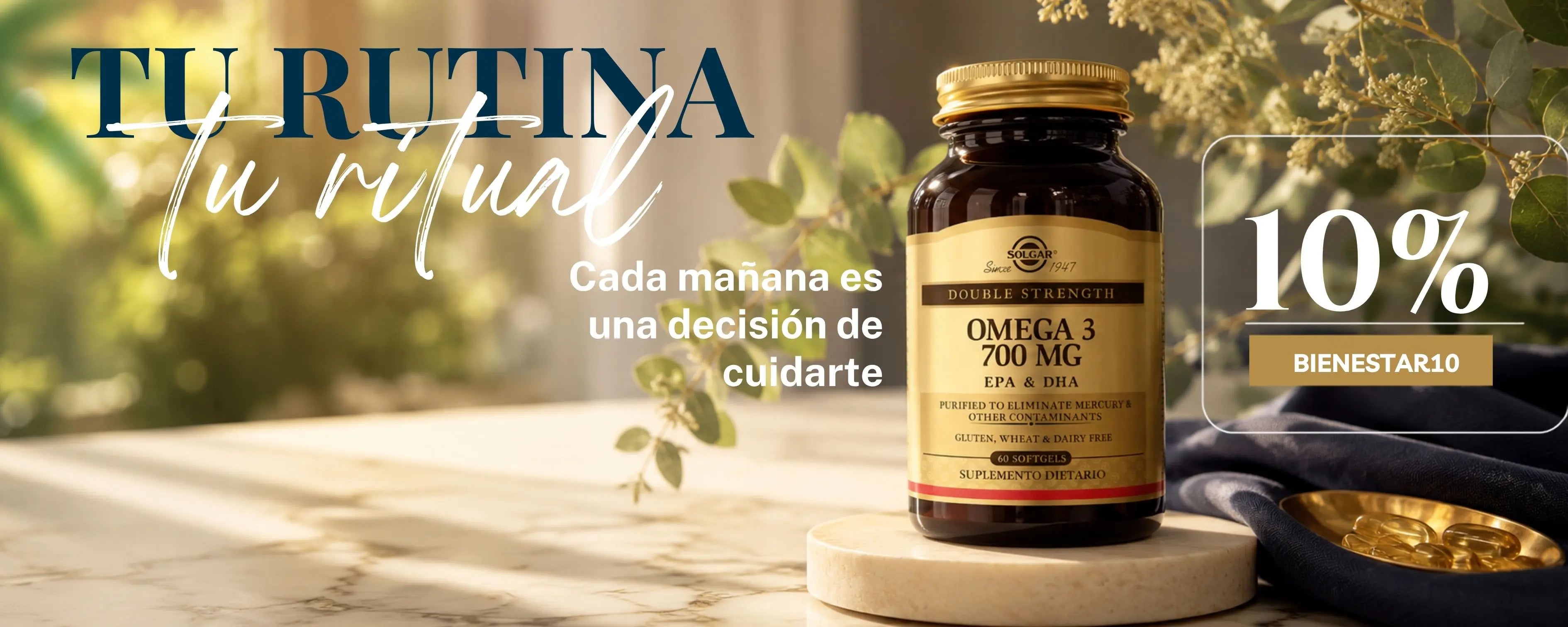 Frasco de Omega 3 700mg EPA y DHA Solgar sobre mármol con luz natural, suplemento dietario AlterNativ con 10% de descuento código BIENESTAR10