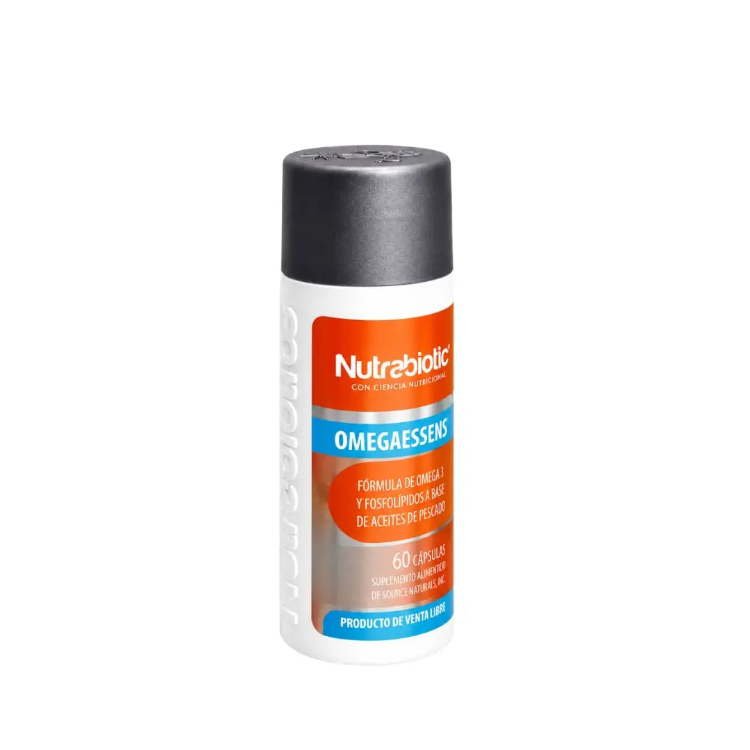 mega 3 OmegaEssens Nutrabiotic 60 cápsulas, suplemento alimenticio con ácidos grasos omega 3 y fosfolípidos de aceites de pescado, presentación original en envase blanco.