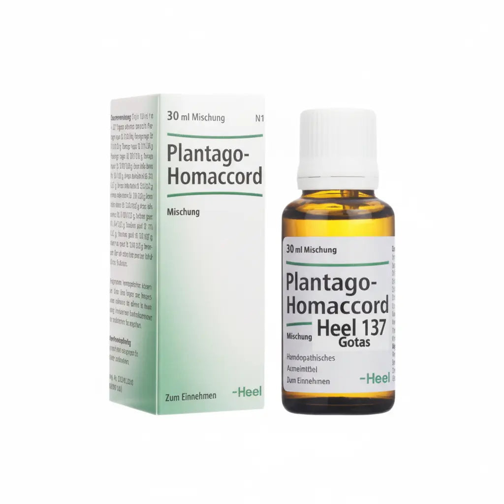 Plantago Homaccord Gotas Heel – medicamento homeopático alemán que apoya el equilibrio auditivo y el bienestar general, distribuido por Alternativ SAS en Colombia.