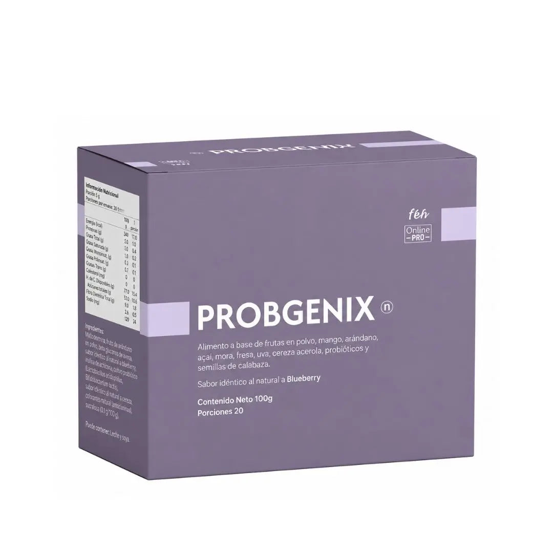 PROBGENIX suplemento alimenticio con probióticos, prebióticos, frutas antioxidantes y semillas de calabaza sabor blueberry, apoyo para la salud digestiva y el equilibrio de la microbiota intestinal.