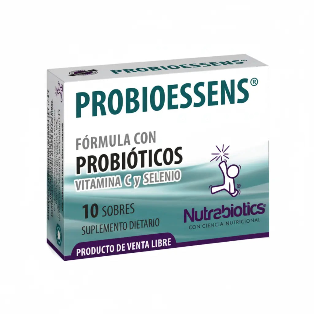 Caja de Probioessens® Nutrabiotics, suplemento dietario con probióticos, Vitamina C y Selenio para apoyar la salud intestinal y el sistema inmunológico, distribuido por Alternativ.