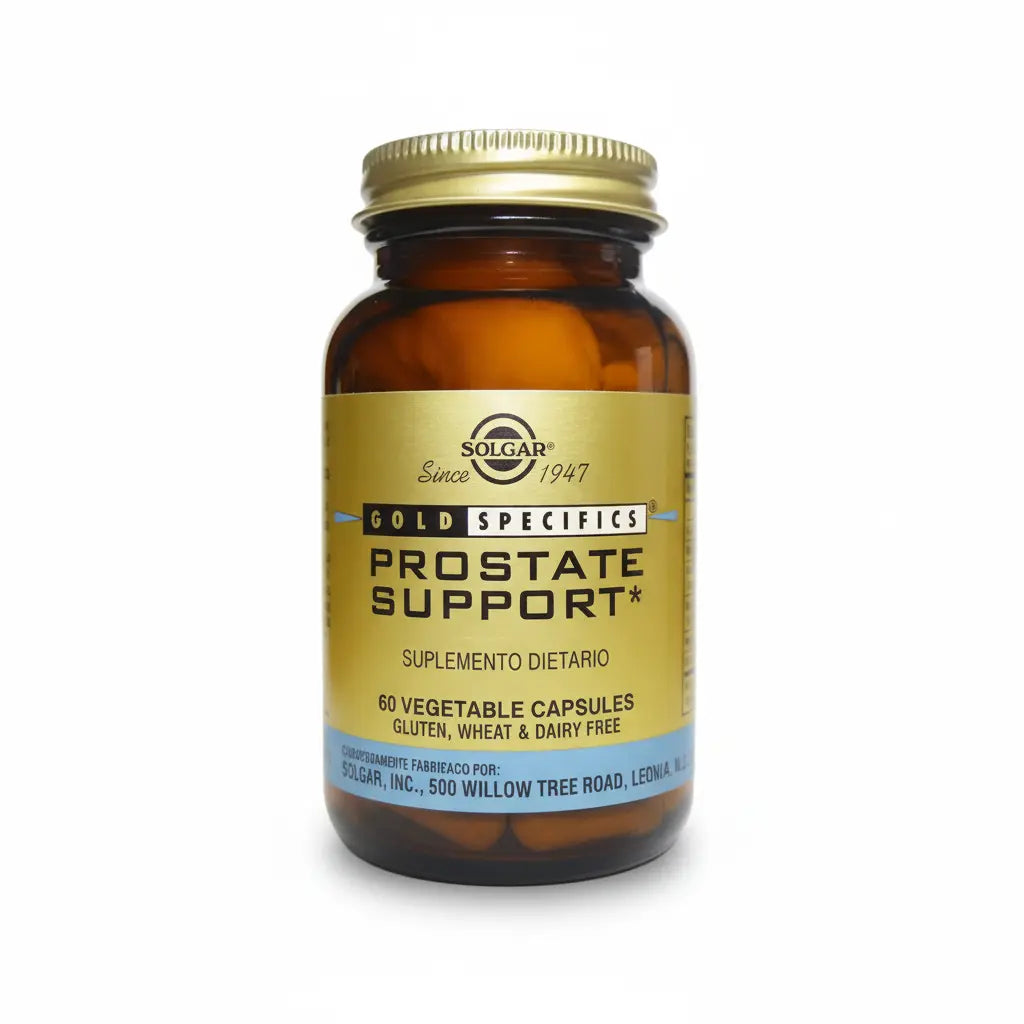 Prostate Support de Solgar: suplemento dietario con extractos naturales y minerales para el equilibrio masculino. Distribuido por Alternativ SAS.