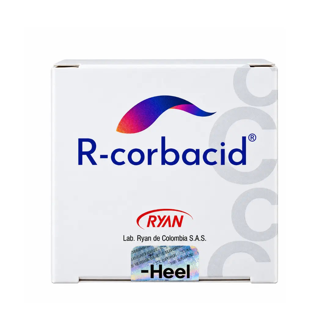 Caja de R-Corbacid elaborada por Lab. Ryan de Colombia con sello de seguridad Heel