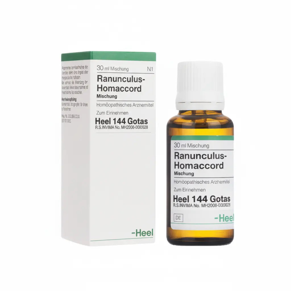 Ranunculus Homaccord Gotas Heel – medicamento homeopático alemán que apoya el equilibrio muscular y el bienestar articular, distribuido por Alternativ SAS en Colombia.