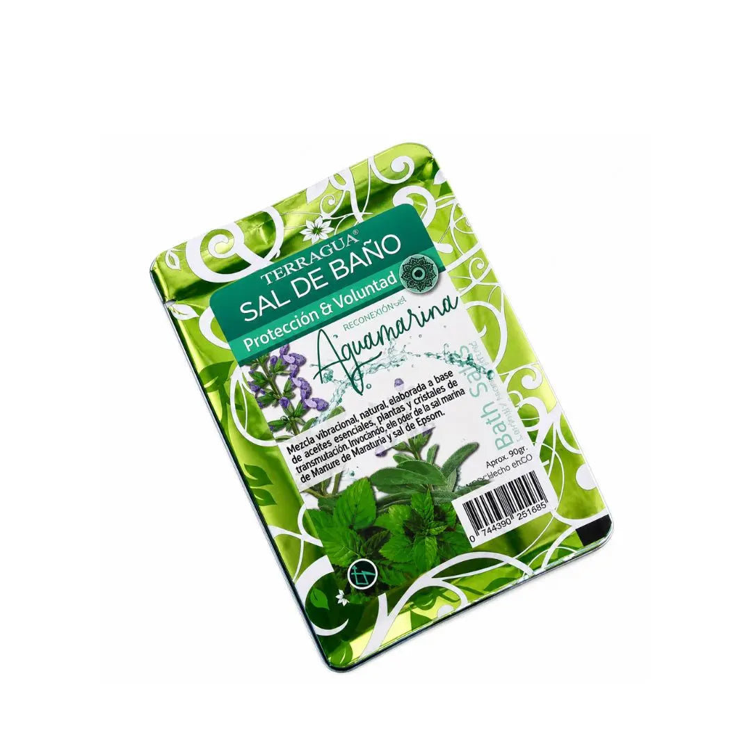 Sales de baño Aguamarina Terragua con aroma herbal para limpieza y bienestar