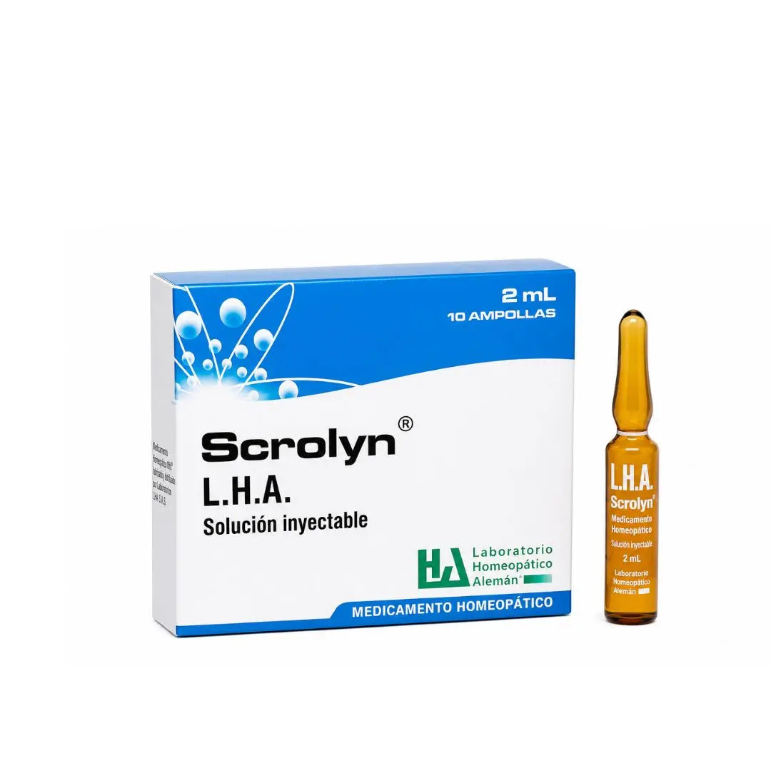Scrolyn L.H.A. solución inyectable 2 mL del Laboratorio Homeopático Alemán (LHA), caja con 10 ampollas y una ampolla individual sobre fondo blanco. Medicamento homeopático para uso profesional.