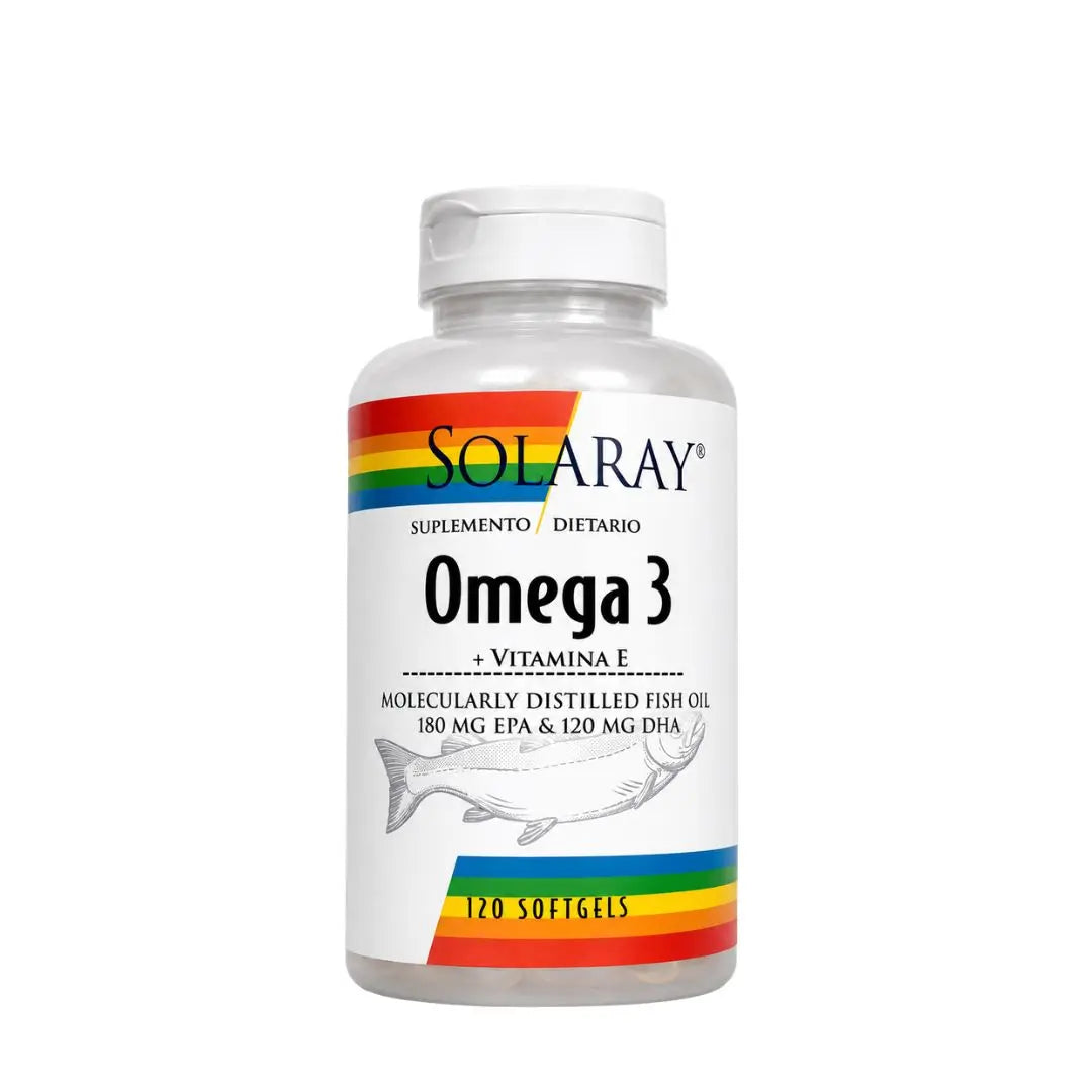 Suplemento Solaray Omega 3 con Vitamina E 120 softgels, aceite de pescado destilado molecularmente con EPA y DHA, fotografía de producto profesional sobre fondo blanco.