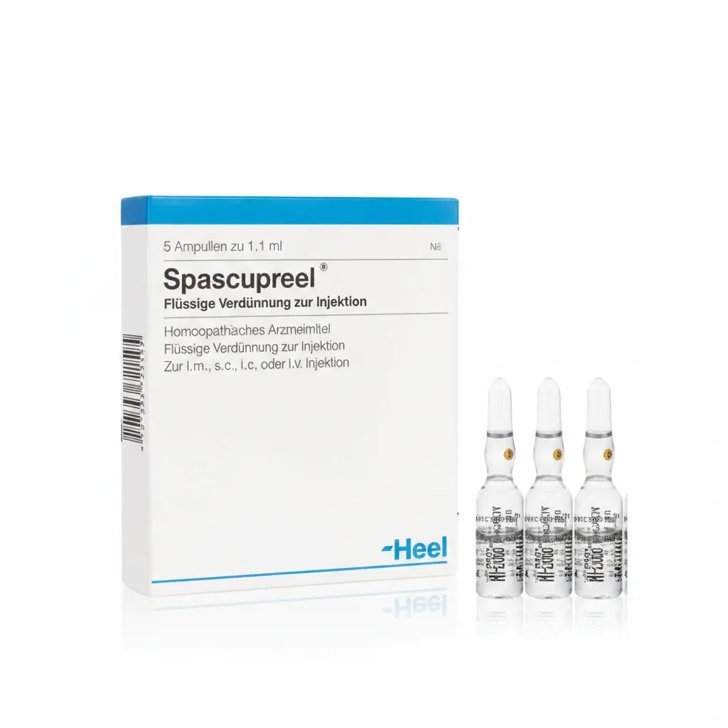 Spascupreel Ampolla caja x 5 ampollas 1.1 mL medicamento homeopático con fórmula médica distribuido por Alternativ en Colombia