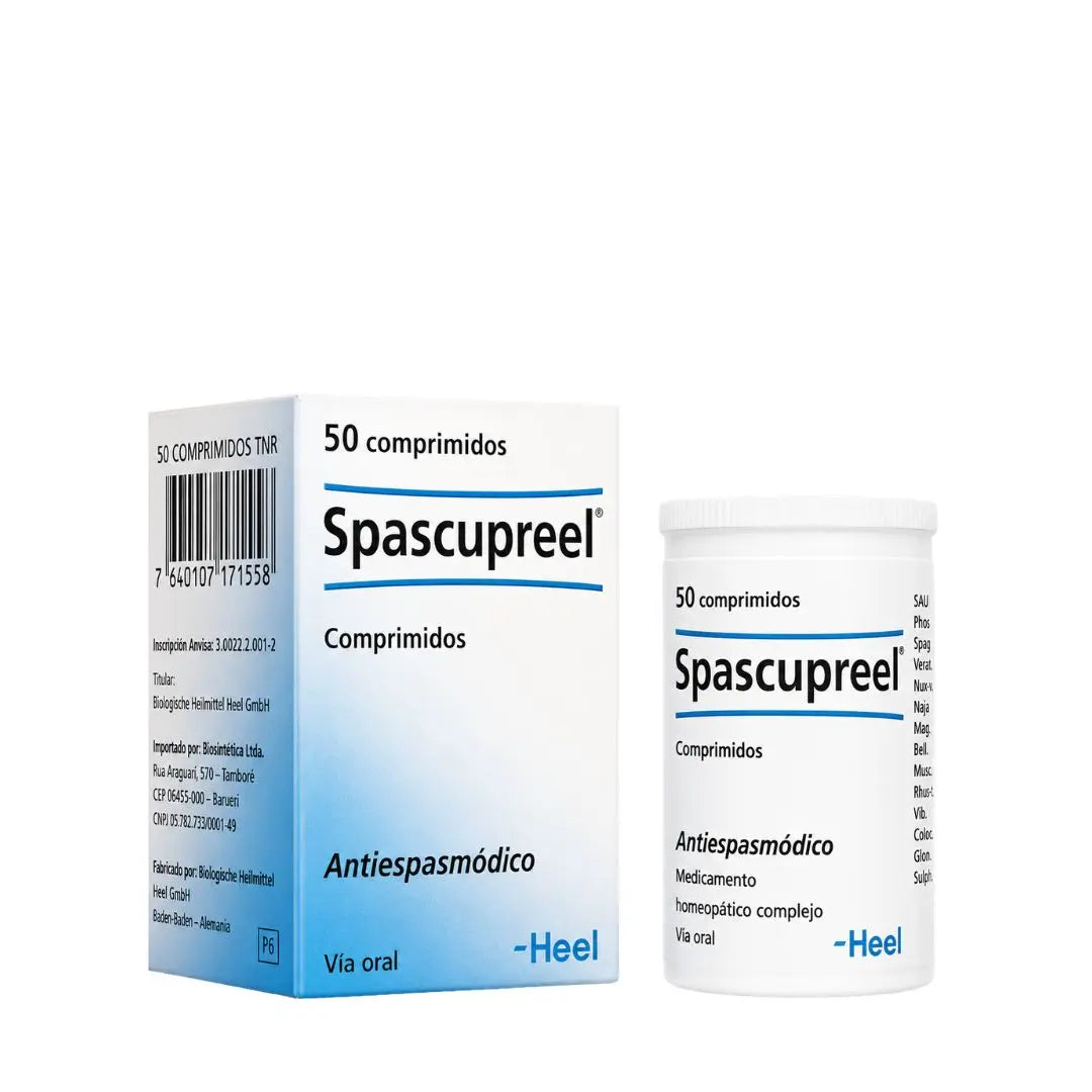 Spascupreel Heel 50 comprimidos antiespasmódico homeopático en presentación caja y frasco sobre fondo blanco puro, fotografía de producto profesional de alta resolución