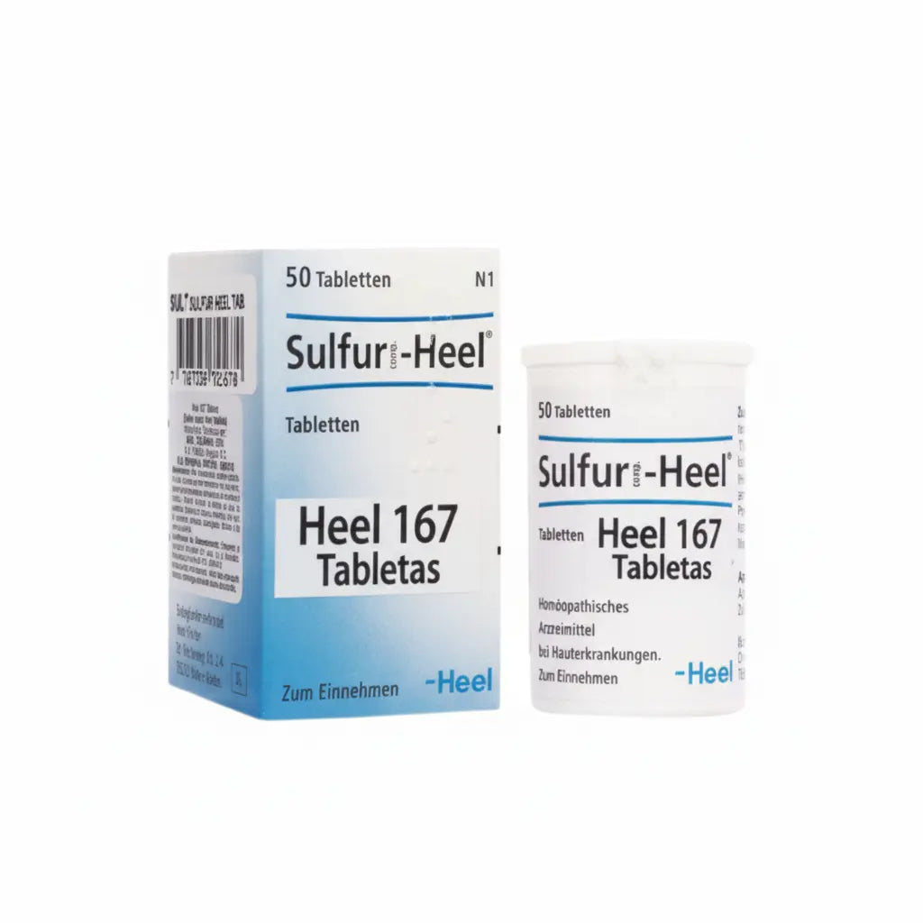Imagen del producto Sulfur Tabletas Heel, medicamento homeopático de prescripción médica elaborado por Heel y distribuido por Farmacia Alternativ Colombia.