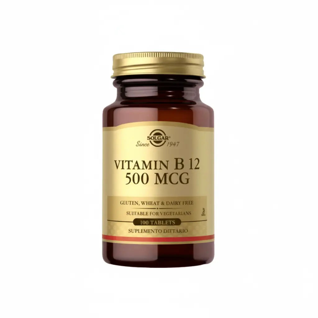 Vitamina B12 500 mcg Solgar – Suplemento dietario con cobalamina de alta pureza, ideal para complementar la alimentación diaria. Distribuido por Alternativ SAS, farmacia integrativa en Colombia.